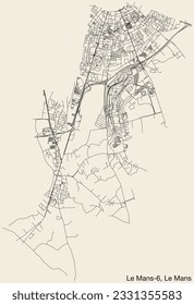 Detailed hand-drawn navigational urban street roads map of the LE MANS-6 CANTON of the French city of LE MANS, France with vivid road lines and name tag on solid background