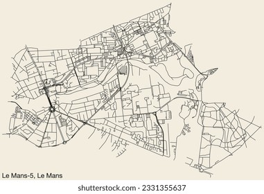 Detaillierte, handgezeichnete Straßenkarte der Stadtstraße LE MANS-5 CANTON der französischen Stadt LE MANS, Frankreich mit lebhaften Straßenlinien und Namensschild auf festem Hintergrund