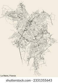 Detailed hand-drawn navigational urban street roads map of the French city of LE MANS, FRANCE with solid road lines and name tag on vintage background