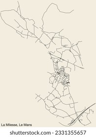 Detailed hand-drawn navigational urban street roads map of the LA MILESSE COMMUNE of the French city of LE MANS, France with vivid road lines and name tag on solid background