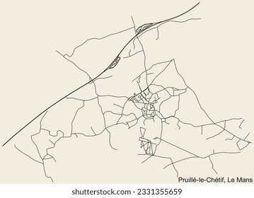 Detailed hand-drawn navigational urban street roads map of the PRUILLÉ-LE-CHÉTIF COMMUNE of the French city of LE MANS, France with vivid road lines and name tag on solid background