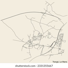 Detailed hand-drawn navigational urban street roads map of the TRANGÉ COMMUNE of the French city of LE MANS, France with vivid road lines and name tag on solid background