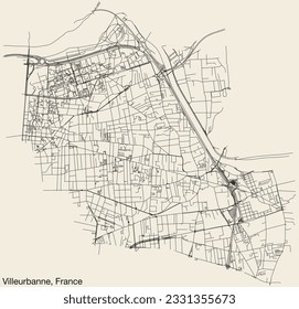 Detailed hand-drawn navigational urban street roads map of the French city of VILLEURBANNE, FRANCE with solid road lines and name tag on vintage background