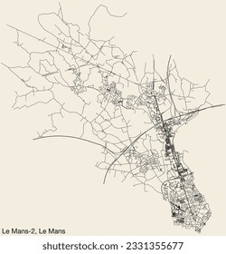 Detailed hand-drawn navigational urban street roads map of the LE MANS-2 CANTON of the French city of LE MANS, France with vivid road lines and name tag on solid background