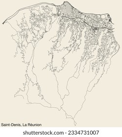 Detailed hand-drawn navigational urban street roads map of the French city of SAINT-DENIS (LA RÉUNION), FRANCE with solid road lines and name tag on vintage background