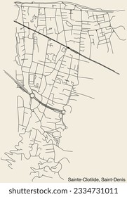 Detailed hand-drawn navigational urban street roads map of the SAINTE-CLOTILDE QUARTER of the French city of SAINT-DENIS (LA RÉUNION), France with vivid road lines and name tag on solid background