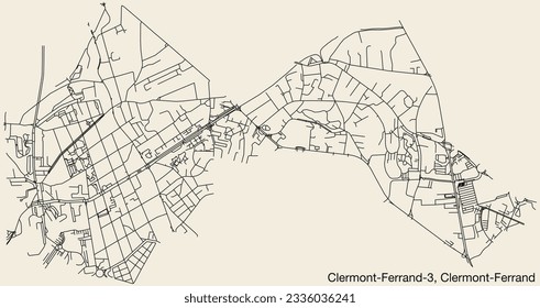 Detailed hand-drawn navigational urban street roads map of the CLERMONT-FERRAND-3 CANTON of the French city of CLERMONT-FERRAND, France with vivid road lines and name tag on solid background