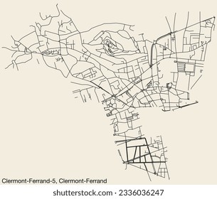 Detailed hand-drawn navigational urban street roads map of the CLERMONT-FERRAND-5 CANTON of the French city of CLERMONT-FERRAND, France with vivid road lines and name tag on solid background