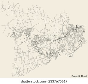 Detailed hand-drawn navigational urban street roads map of the BREST-3 CANTON of the French city of BREST, France with vivid road lines and name tag on solid background