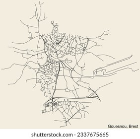 Detailed hand-drawn navigational urban street roads map of the GOUESNOU COMUNE of the French city of BREST, France with vivid road lines and name tag on solid background