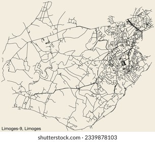 Detailed hand-drawn navigational urban street roads map of the LIMOGES-9 CANTON of the French city of LIMOGES, France with vivid road lines and name tag on solid background