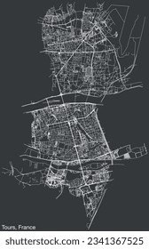 Detailed hand-drawn navigational urban street roads map of the French city of TOURS, FRANCE with solid road lines and name tag on vintage background
