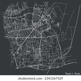 Detailed hand-drawn navigational urban street roads map of the TOURS-1 CANTON of the French city of TOURS, France with vivid road lines and name tag on solid background