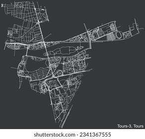Detailed hand-drawn navigational urban street roads map of the TOURS-3 CANTON of the French city of TOURS, France with vivid road lines and name tag on solid background
