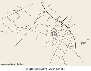 Detailed hand-drawn navigational urban street roads map of the VERS-SUR-SELLE COMMUNE of the French city of AMIENS, France with vivid road lines and name tag on solid background