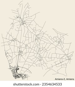 Detailed hand-drawn navigational urban street roads map of the AMIENS-2 CANTON of the French city of AMIENS, France with vivid road lines and name tag on solid background