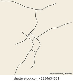 Detailed hand-drawn navigational urban street roads map of the MONTONVILLERS COMMUNE of the French city of AMIENS, France with vivid road lines and name tag on solid background