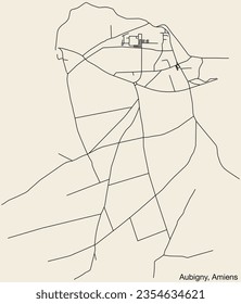 Detailed hand-drawn navigational urban street roads map of the AUBIGNY COMMUNE of the French city of AMIENS, France with vivid road lines and name tag on solid background