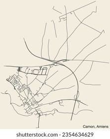 Detailed hand-drawn navigational urban street roads map of the CAMON COMMUNE of the French city of AMIENS, France with vivid road lines and name tag on solid background
