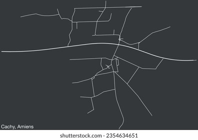 Detailed hand-drawn navigational urban street roads map of the CACHY COMMUNE of the French city of AMIENS, France with vivid road lines and name tag on solid background