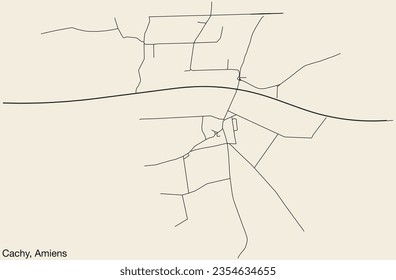 Detailed hand-drawn navigational urban street roads map of the CACHY COMMUNE of the French city of AMIENS, France with vivid road lines and name tag on solid background