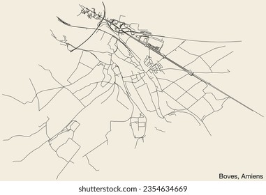 Mapa detallado de las calles urbanas de navegación a mano de la COMUNIDAD BOVES de la ciudad francesa de AMIENS, Francia con líneas vivas de carreteras y nombre en fondo sólido