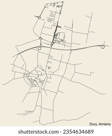 Detailed hand-drawn navigational urban street roads map of the DURY COMMUNE of the French city of AMIENS, France with vivid road lines and name tag on solid background