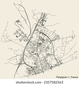 Detailed hand-drawn navigational urban street roads map of the PERPIGNAN-1 CANTON of the French city of PERPIGNAN, France with vivid road lines and name tag on solid background