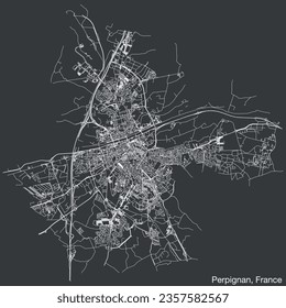 Detailed hand-drawn navigational urban street roads map of the French city of PERPIGNAN, FRANCE with solid road lines and name tag on vintage background