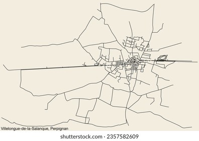 Detailed hand-drawn navigational urban street roads map of the VILLELONGUE-DE-LA-SALANQUE COMMUNE of the French city of PERPIGNAN, France with vivid road lines and name tag on solid background