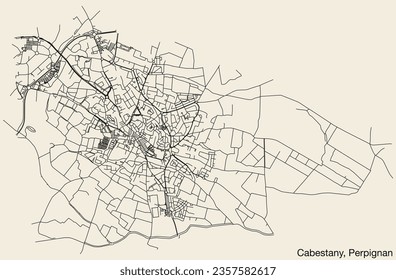 Detailed hand-drawn navigational urban street roads map of the CABESTANY COMMUNE of the French city of PERPIGNAN, France with vivid road lines and name tag on solid background