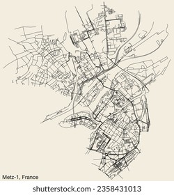 Detailed hand-drawn navigational urban street roads map of the METZ-1 CANTON of the French city of METZ, France with vivid road lines and name tag on solid background