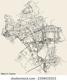 Detailed hand-drawn navigational urban street roads map of the METZ-2 CANTON of the French city of METZ, France with vivid road lines and name tag on solid background