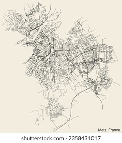 Detailed hand-drawn navigational urban street roads map of the French city of METZ, FRANCE with solid road lines and name tag on vintage background