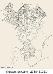 Detailed hand-drawn navigational urban street roads map of the METZ-3 CANTON of the French city of METZ, France with vivid road lines and name tag on solid background