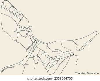 Detailed hand-drawn navigational urban street roads map of the THORAISE COMMUNE of the French city of BESANCON, France with vivid road lines and name tag on solid background