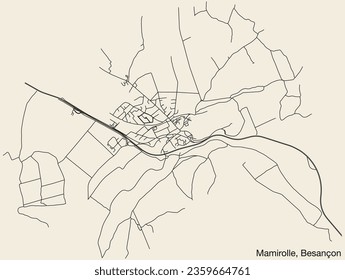 Detailed hand-drawn navigational urban street roads map of the MAMIROLLE COMMUNE of the French city of BESANCON, France with vivid road lines and name tag on solid background