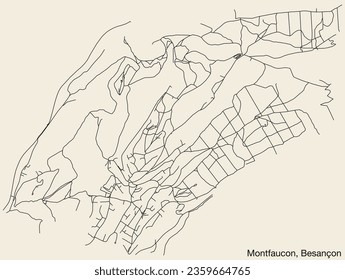 Detailed hand-drawn navigational urban street roads map of the MONTFAUCON COMMUNE of the French city of BESANCON, France with vivid road lines and name tag on solid background