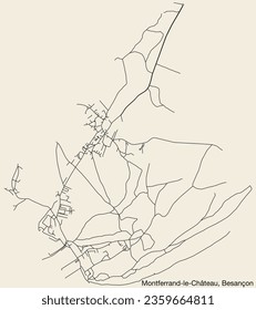Detailed hand-drawn navigational urban street roads map of the MONTFERRAND-LE-CHÂTEAU COMMUNE of the French city of BESANCON, France with vivid road lines and name tag on solid background