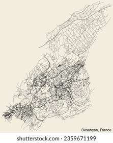Detailed hand-drawn navigational urban street roads map of the French city of BESANCON, FRANCE with solid road lines and name tag on vintage background