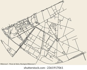 Detailed hand-drawn navigational urban street roads map of the BILLANCOURT – RIVES DE SEINE NEIGHBOURHOOD of the French city of BOULOGNE-BILLANCOURT, France with vivid road lines and name tag on solid