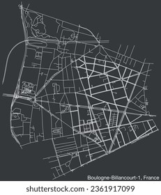 Detailed hand-drawn navigational urban street roads map of the BOULOGNE-BILLANCOURT-1 CANTON of the French city of BOULOGNE-BILLANCOURT, France with vivid road lines and name tag on solid background
