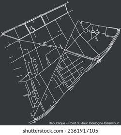 Mapa detallado de las carreteras urbanas de la RÉPUBLIQUE - BARRIO POINT DU JOUR de la ciudad francesa de BOULOGNE-BILLANCOURT, Francia con líneas vivas de carreteras y nombre en sólido b