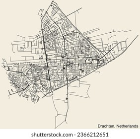 Detailed hand-drawn navigational urban street roads map of the Dutch city of DRACHTEN, NETHERLANDS with solid road lines and name tag on vintage background