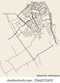 Detailed hand-drawn navigational urban street roads map of the Dutch city of MEDEMBLIK, NETHERLANDS with solid road lines and name tag on vintage background