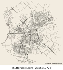 Detailed hand-drawn navigational urban street roads map of the Dutch city of ALMELO, NETHERLANDS with solid road lines and name tag on vintage background