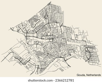 Detailed hand-drawn navigational urban street roads map of the Dutch city of GOUDA, NETHERLANDS with solid road lines and name tag on vintage background