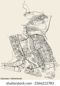 Detailed hand-drawn navigational urban street roads map of the Dutch city of ZAANDAM, NETHERLANDS with solid road lines and name tag on vintage background