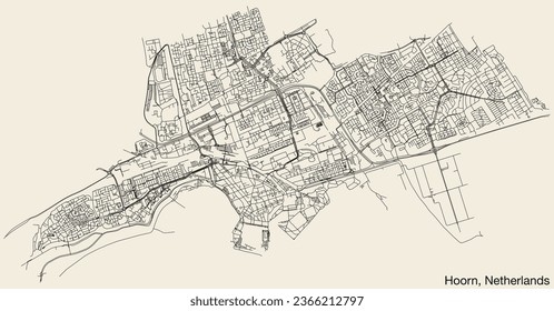 Detailed hand-drawn navigational urban street roads map of the Dutch city of HOORN, NETHERLANDS with solid road lines and name tag on vintage background