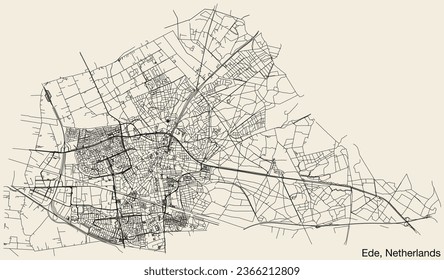 Detailed hand-drawn navigational urban street roads map of the Dutch city of EDE, NETHERLANDS with solid road lines and name tag on vintage background